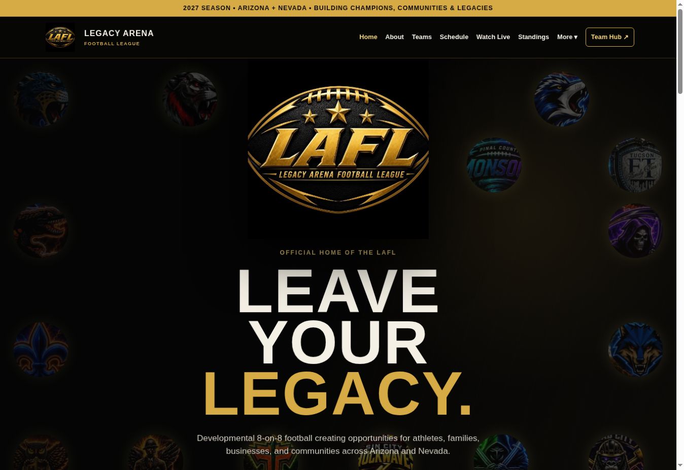 Screenshot of the Legacy Arena Football homepage
